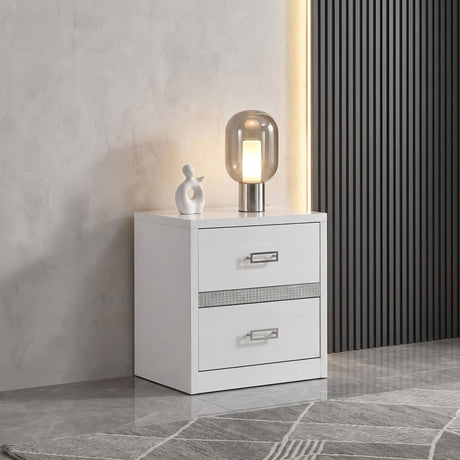 Viana Contemporary 2-Drawer Nightstand with Chrome Pulls White High Gloss view 2