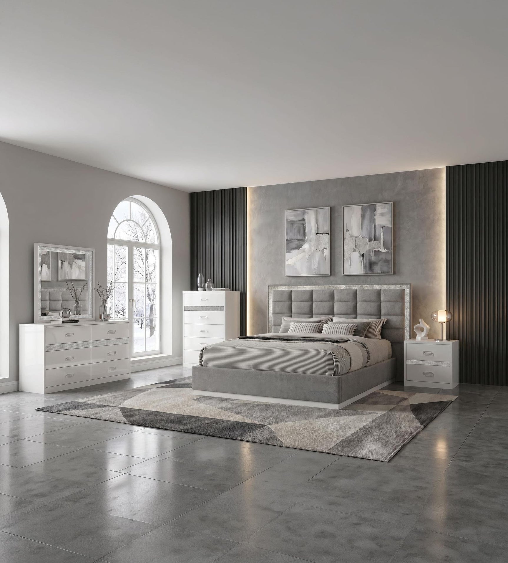 Viana Eastern King Chenille Platform Bed Grey and White High Gloss view 9