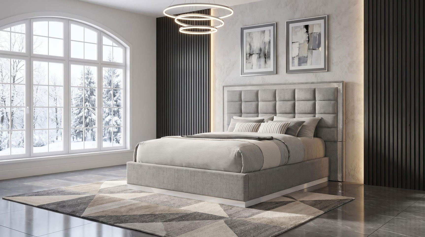 Viana Queen Chenille Platform Bed Grey and White High Gloss view 2