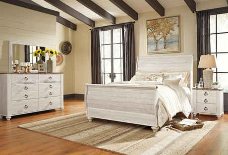 Willowton Whitewash Sleigh Bedroom Set Queen 4: Bed, Dresser, Mirror, NightStand from Decor Furniture