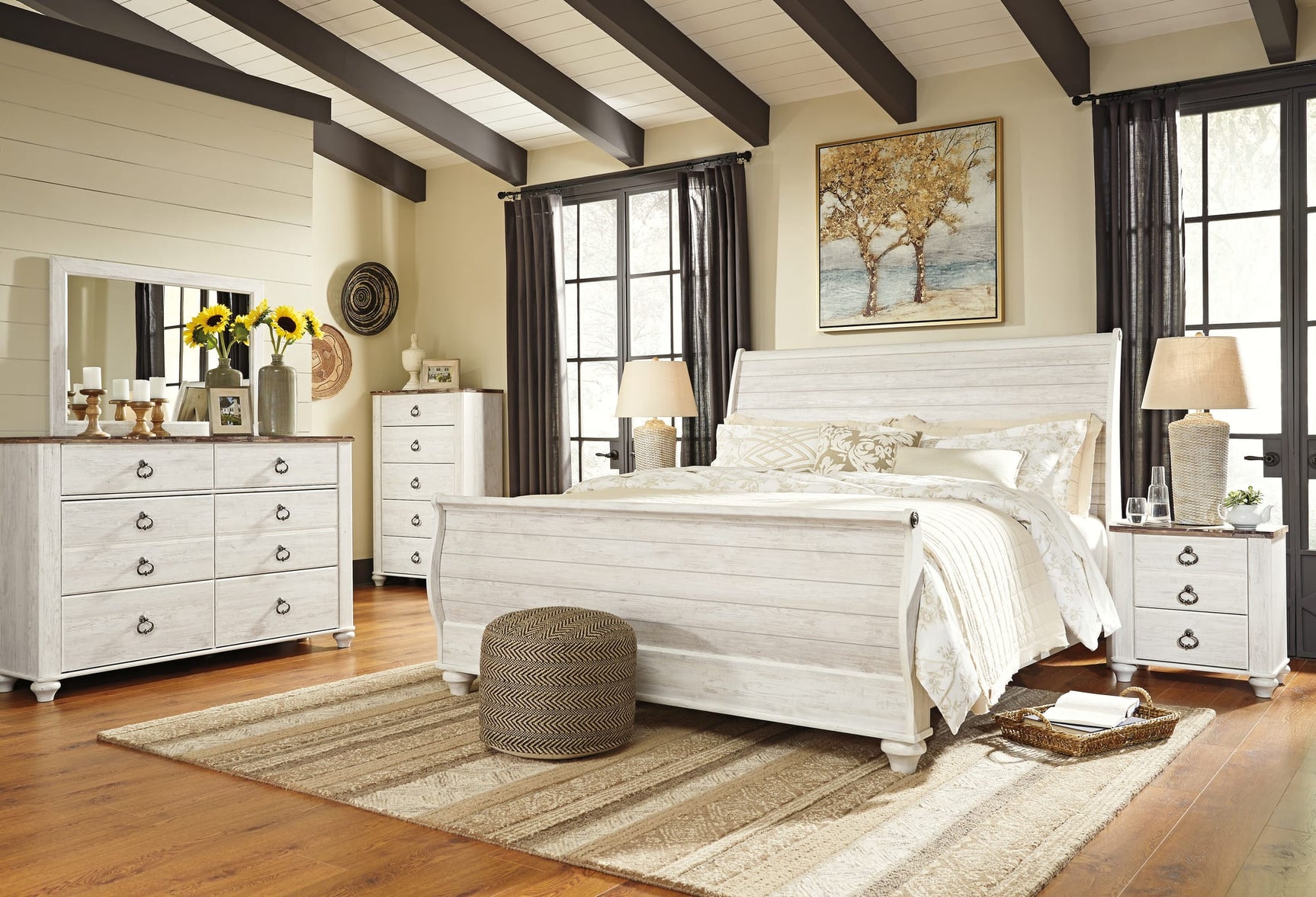 Willowton Whitewash Sleigh Bedroom Set King 3: Bed, Dresser, Mirror from Decor Furniture