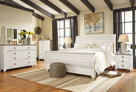 Willowton Whitewash Sleigh Bedroom Set King 3: Bed, Dresser, Mirror from Decor Furniture