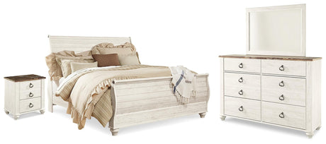 Willowton Whitewash Sleigh Bedroom Set King 4: Bed, Dresser, Mirror, NightStand from Decor Furniture