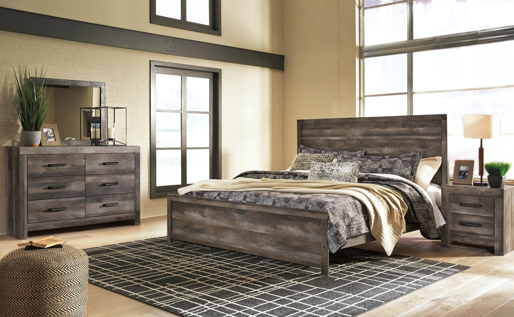 Wynnlow Gray Panel Bedroom Set King 4: Bed, Dresser, Mirror, NightStand from Decor Furniture
