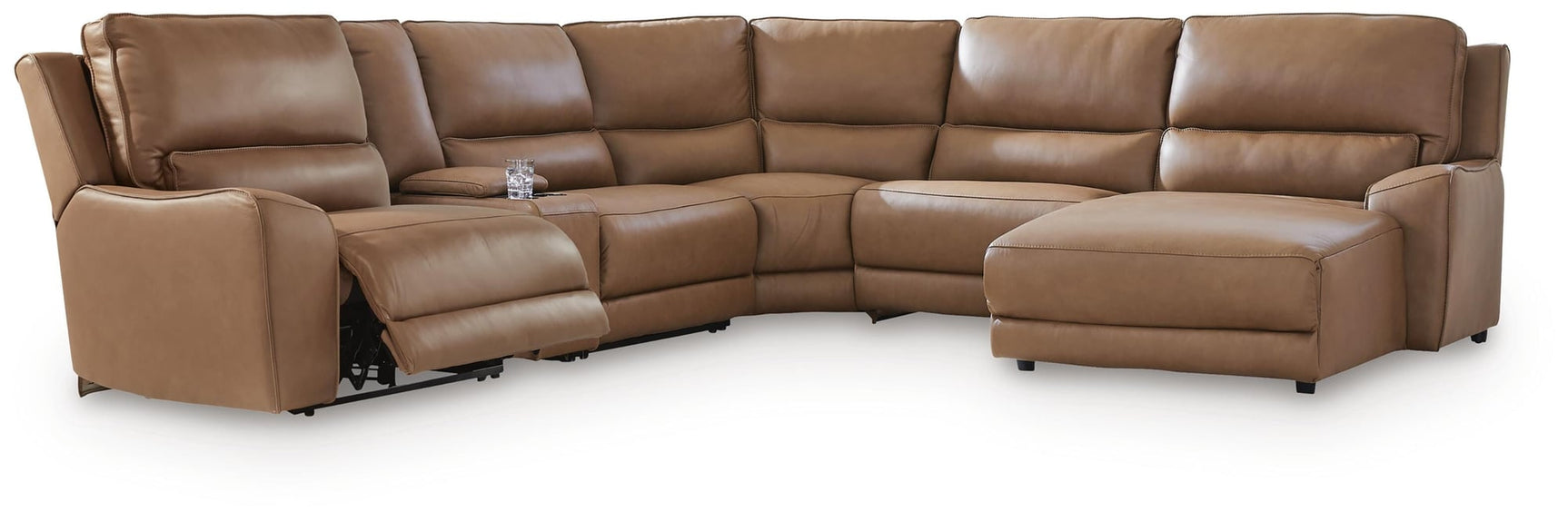 DeepWakes Caramel Leather 6-Piece Power Reclining Sectional with Chaise - image 3