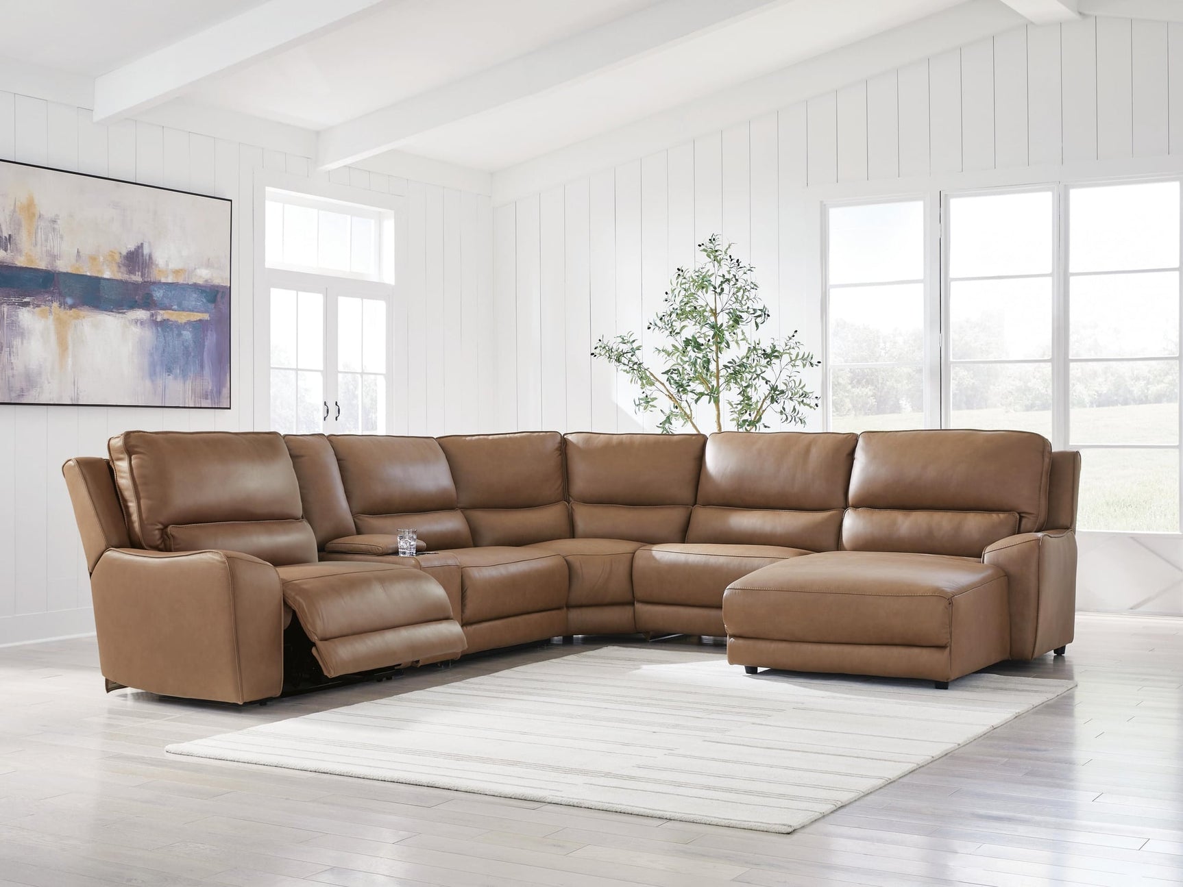 DeepWakes Caramel Leather 6-Piece Power Reclining Sectional with Chaise - image 4