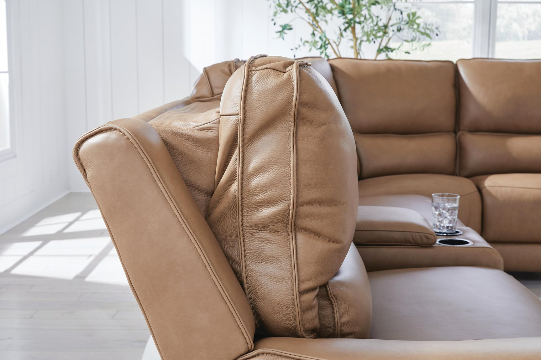DeepWakes Caramel Leather 6-Piece Power Reclining Sectional with Chaise - image 6