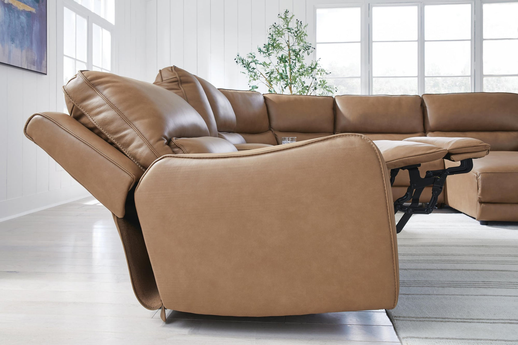 DeepWakes Caramel Leather 6-Piece Power Reclining Sectional with Chaise - image 8