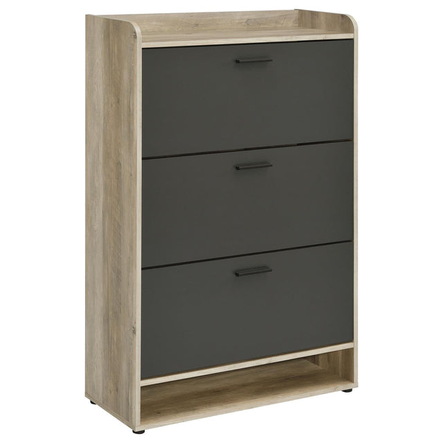 Denia 3-tier shoe storage cabinet antique pine and grey angled view