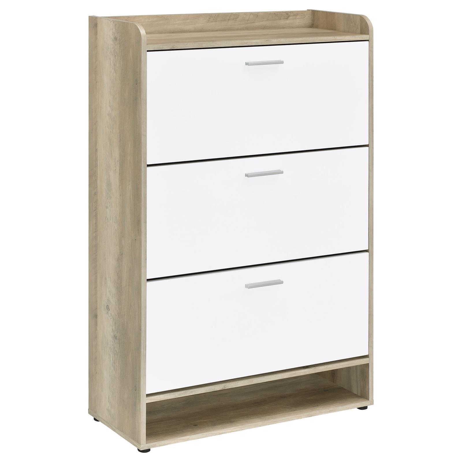 Denia 3-tier shoe storage cabinet angle view showing antique pine and white finish