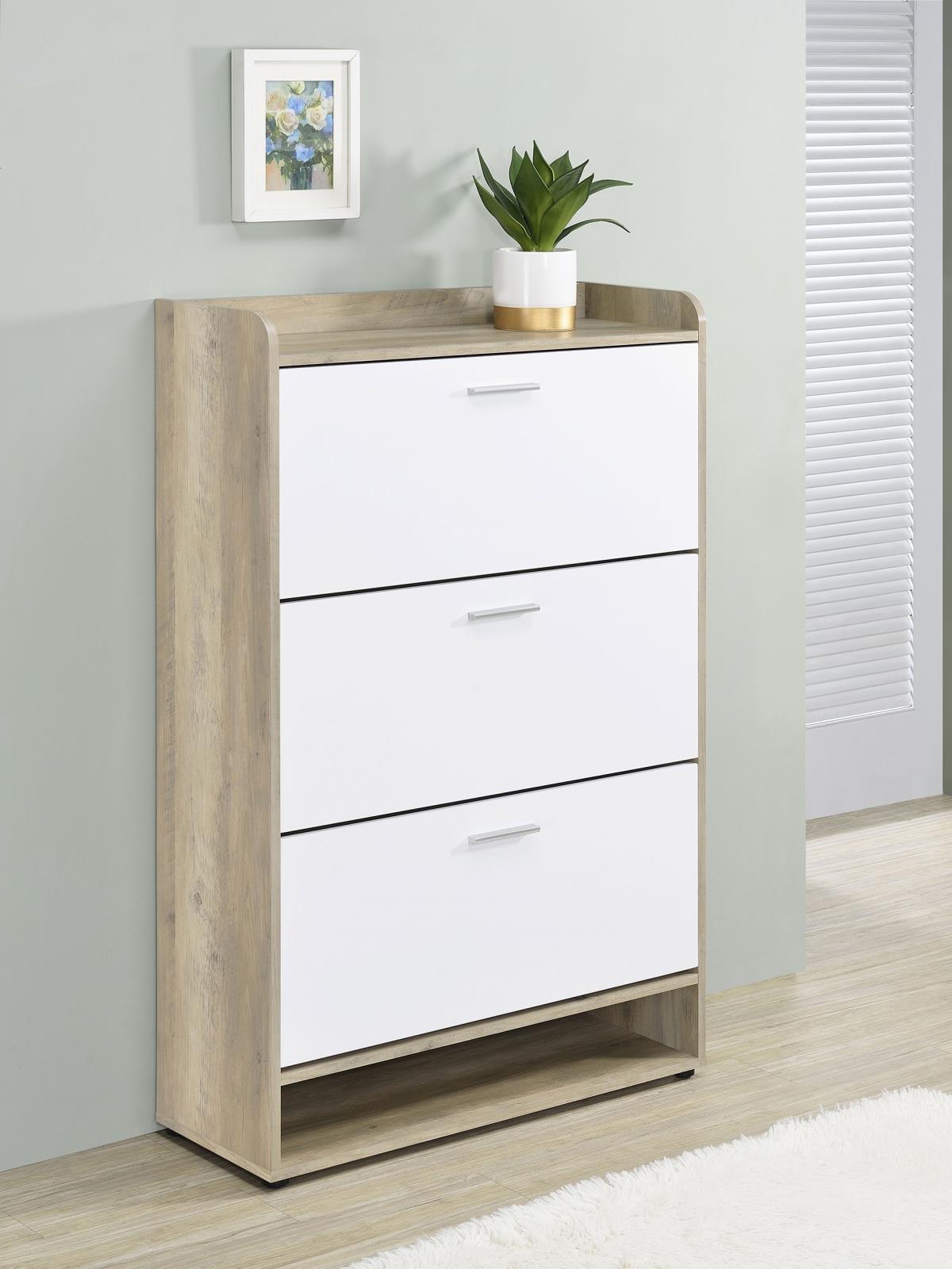 Denia shoe cabinet open shelves displaying various shoes