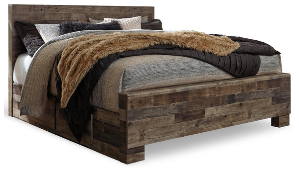 Derekson Multi Gray King Panel Bed side view with storage drawers