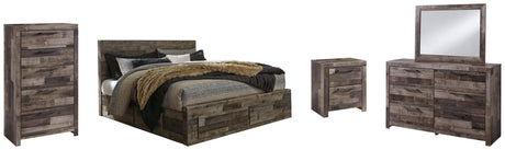 Side angle of Derekson Multi Gray Panel Storage Bedroom Set bed