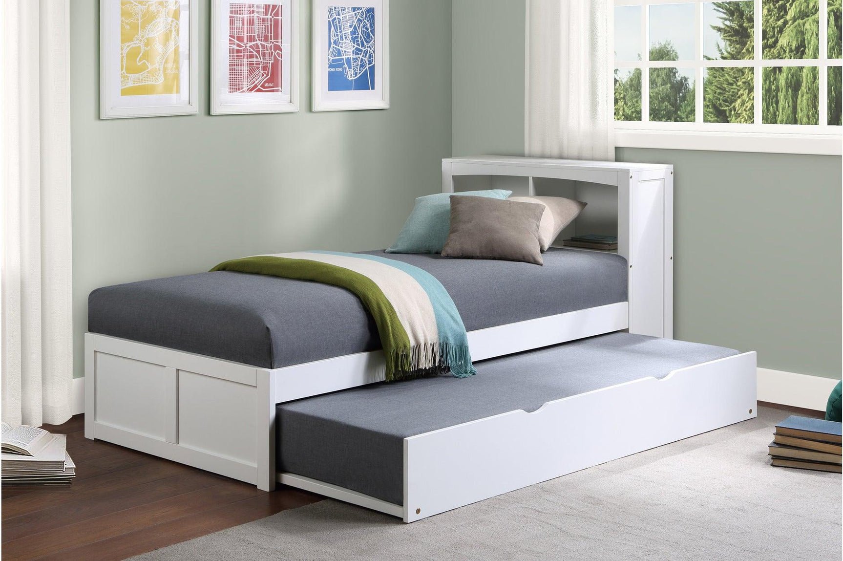 Galen White Solid Wood Twin Bed headboard shelves