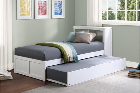 Galen White Solid Wood Twin Bed headboard shelves