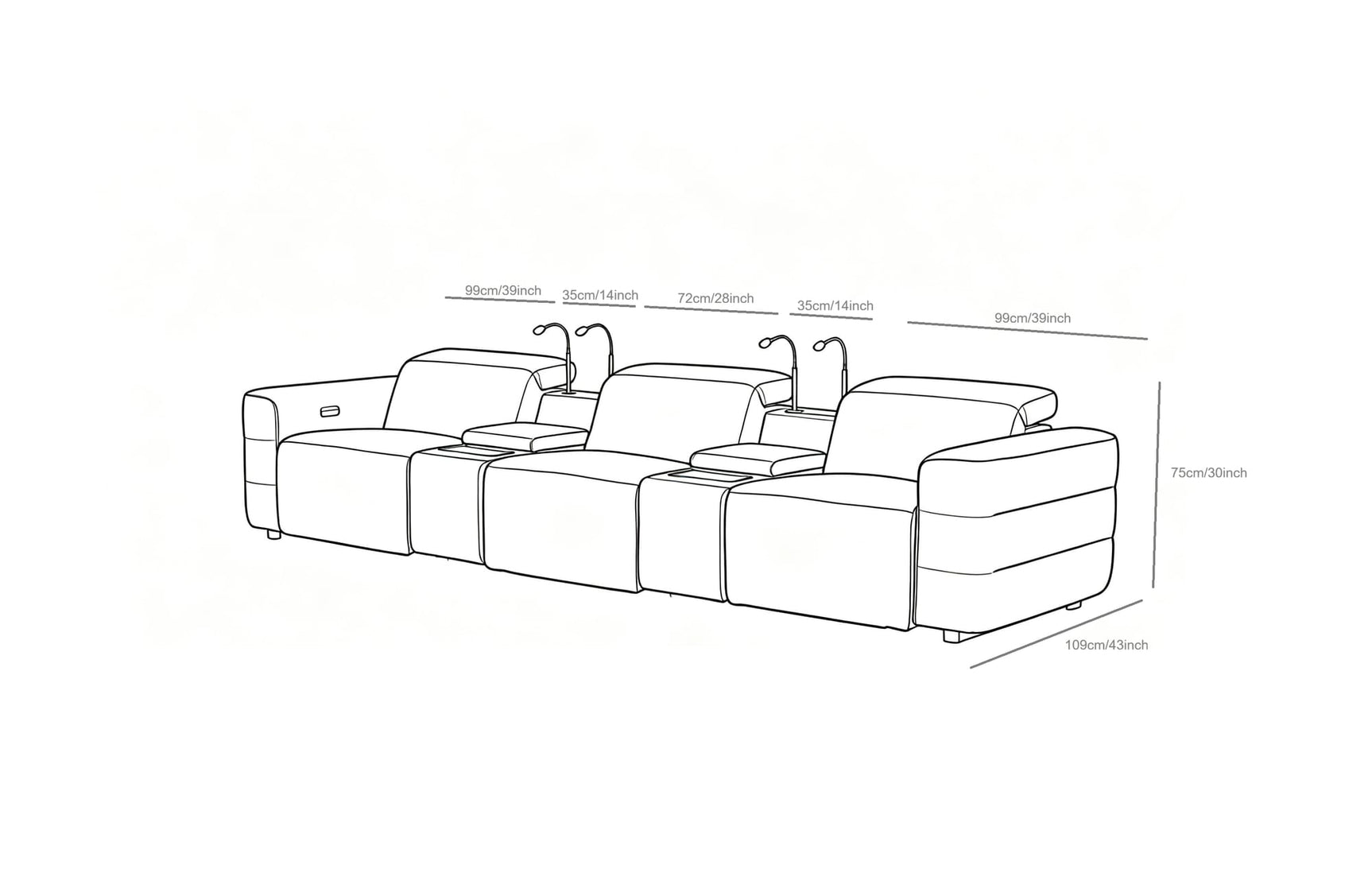 Diamante Black Italian Leather 5-Piece Power Reclining Home Theater Sectional view 17