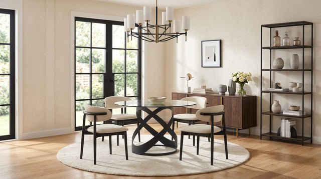 Dimi 5-Piece Dining Set with Clear Glass Table and Black Iron Infinity Base from Decor Furniture