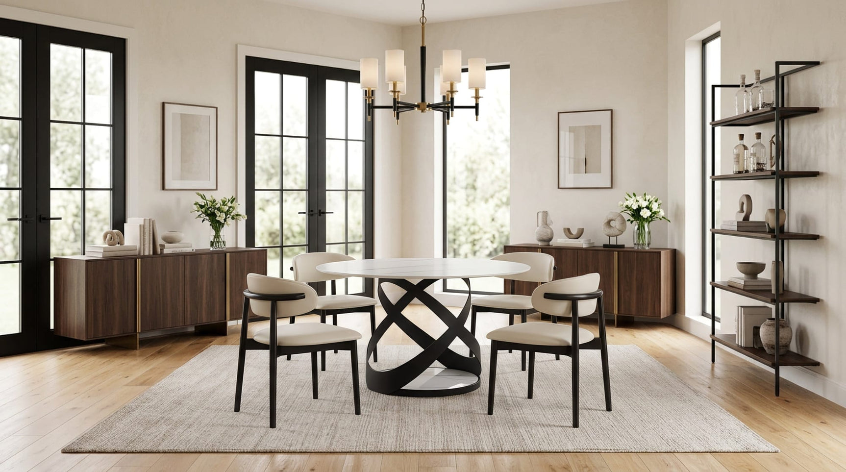 Dimi 5-Piece Dining Set with White Sintered Stone Table and Black Iron Base from Decor Furniture