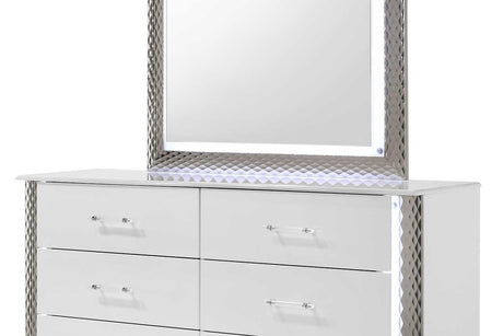 Dina White LED Nightstand drawer open - Ella Furniture