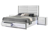 Bedroom view of Dina White LED Upholstered Storage Platform Bedroom Set bed
