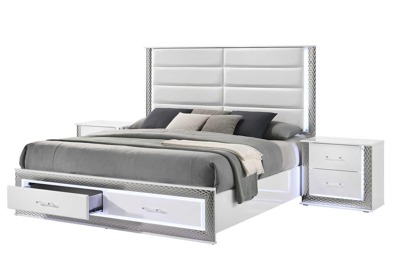 Bedroom view of Dina White LED Upholstered Storage Platform Bedroom Set bed