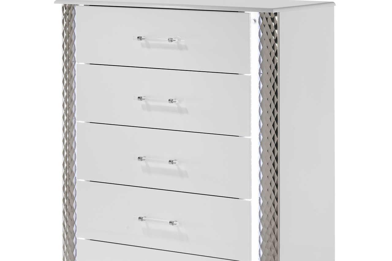 Bedroom view of Dina White LED Upholstered Storage Platform Bedroom Set bed