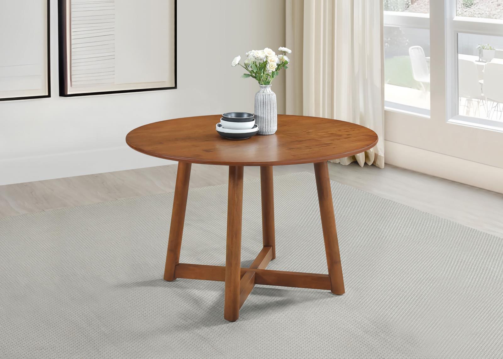 Dinah round walnut solid wood dining table angled base detail