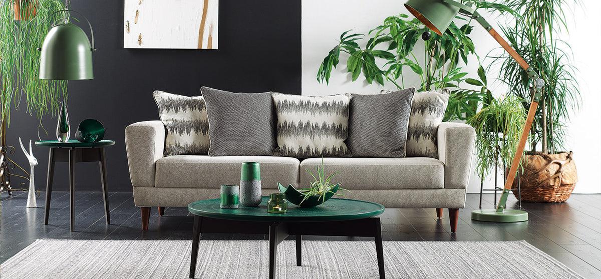 Dolce Padua cream and blue 3-seater sofa bed front angle