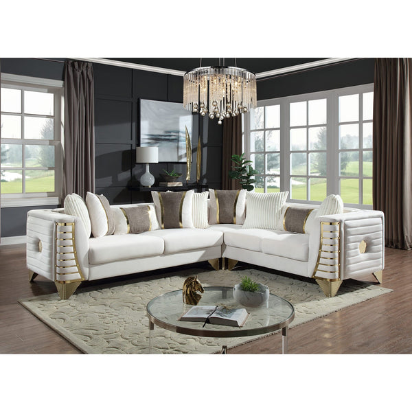 Donovan Cream Velvet Sectional Sofa with Metal Legs and Pillows from Decor Furniture