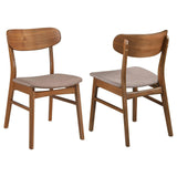 Dortch walnut dining side chair with brown upholstered seat, front angle