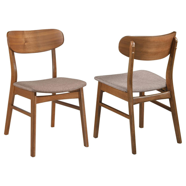 Dortch walnut dining side chair with brown upholstered seat, front angle