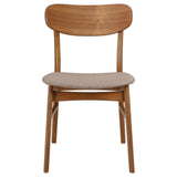 Close-up of brown upholstered foam seat on Dortch dining chair