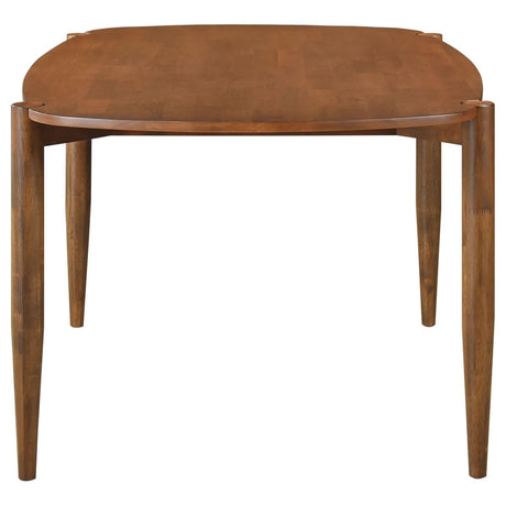 Side view showing frame and leg design of Dortch walnut table