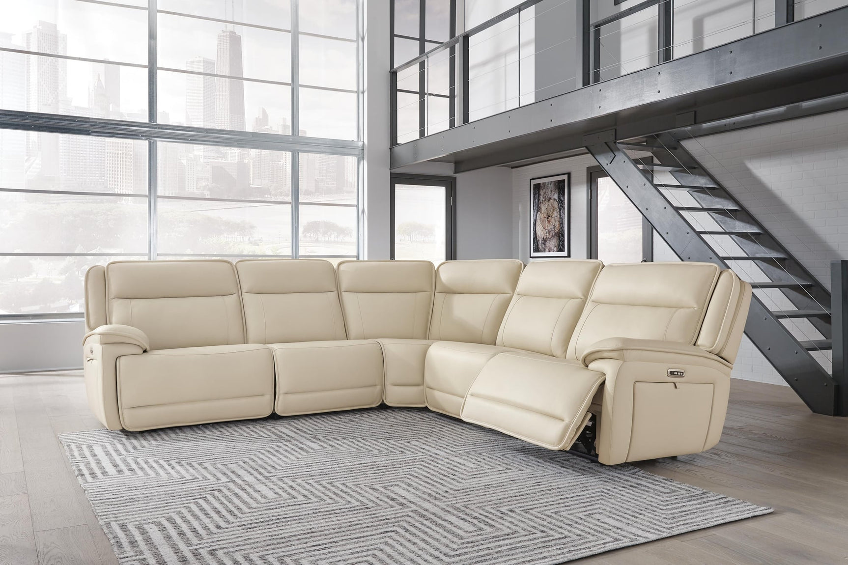 Double Deal Almond Leather 5-Piece Power Reclining Sectional - image 1