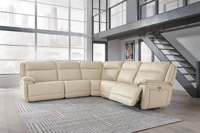 Double Deal Almond Leather 5-Piece Power Reclining Sectional - image 1