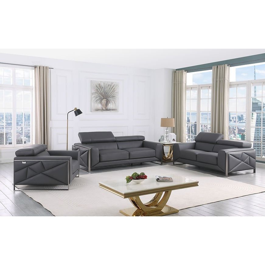 Giorgio Dark Grey Italian Leather Sofa, Loveseat, and Chair Set from Decor Furniture