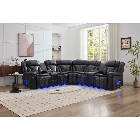 Innova black air leather reclining sectional sofa side angle