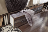 Drystan Multi Bookcase Bedroom Set bed with storage drawers and bookcase headboard in rustic brown finish