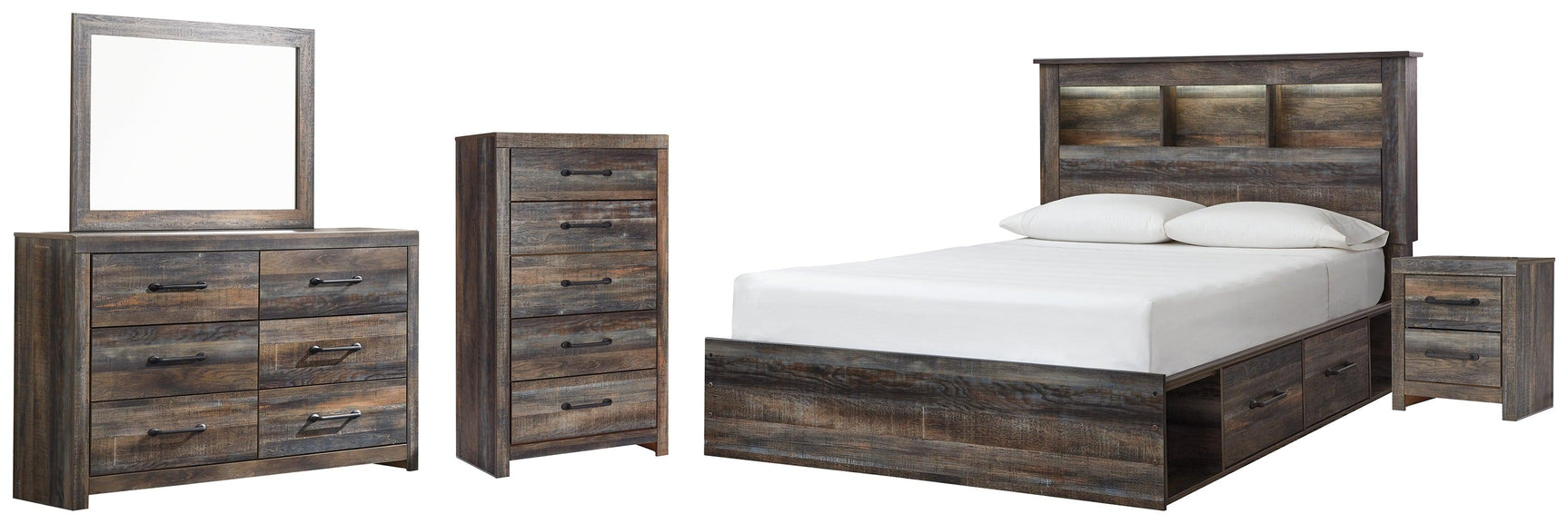 Side view of Drystan Multi Bookcase Bedroom Set bed highlighting drawer storage