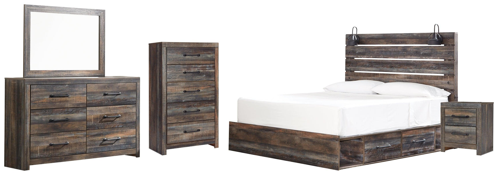 Side view of Drystan Multi Panel 2 Storage Bedroom Set bed