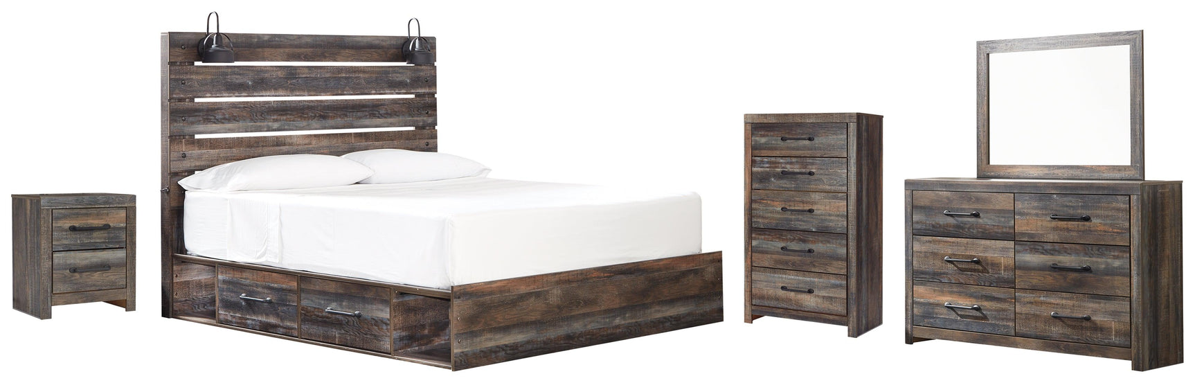 Side view of Drystan Multi Panel 4 Storage Bedroom Set bed