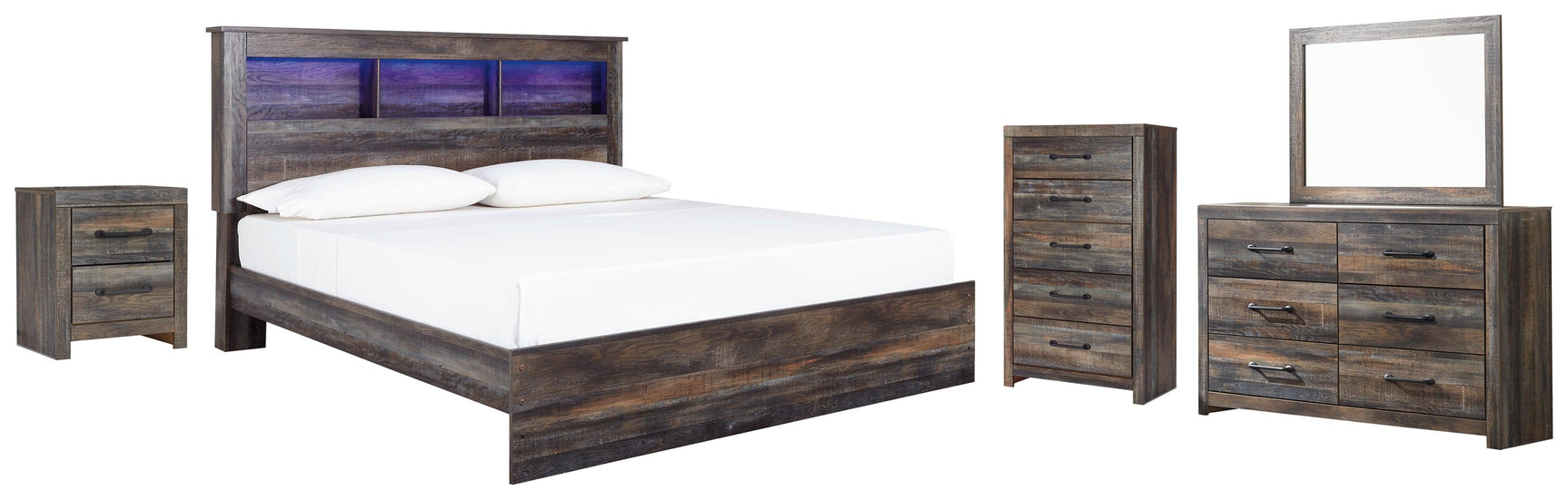 Side view of Drystan Multi Panel Bookcase King Bed