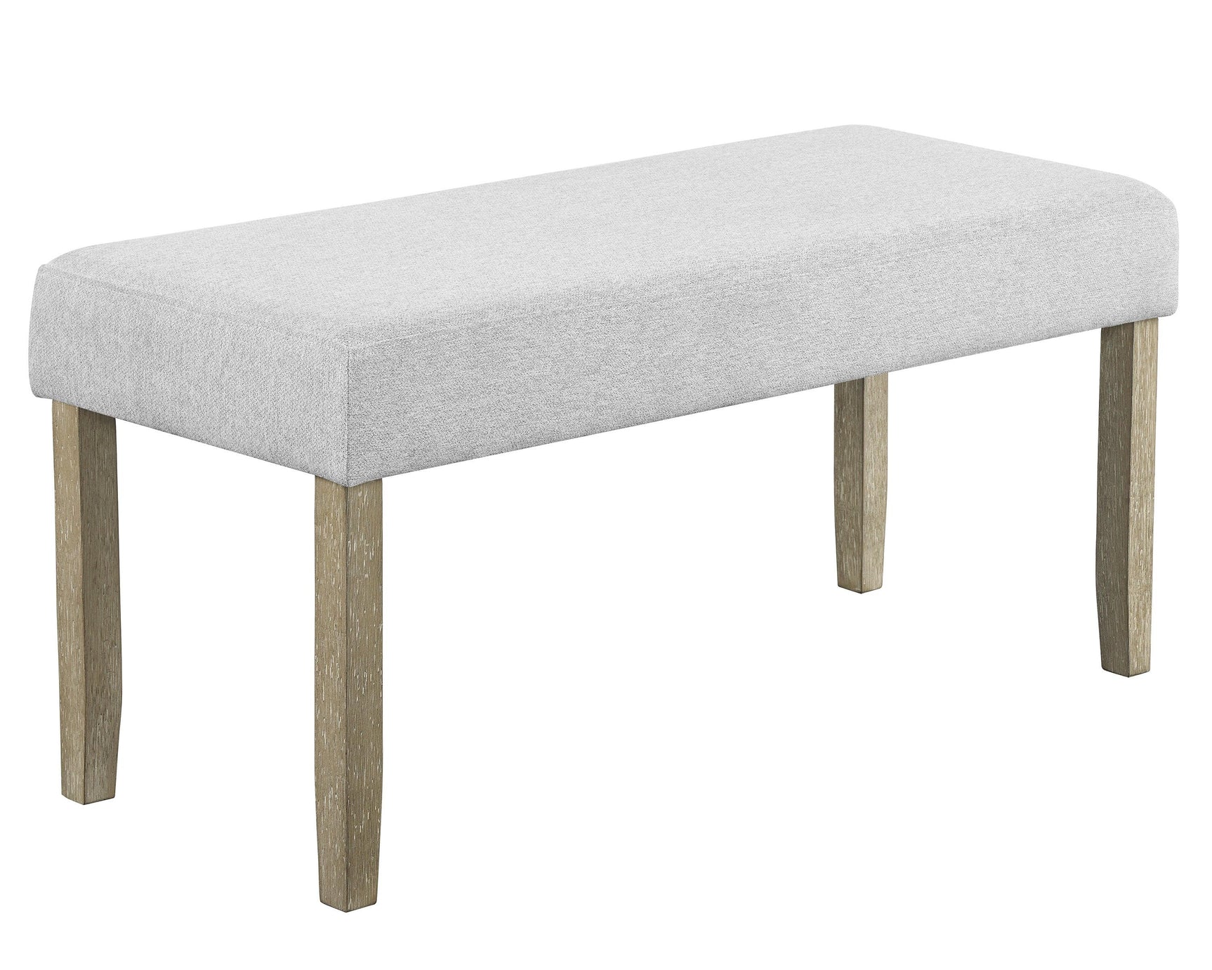 Detail view showing fabric upholstery and wood grain of dining chairs