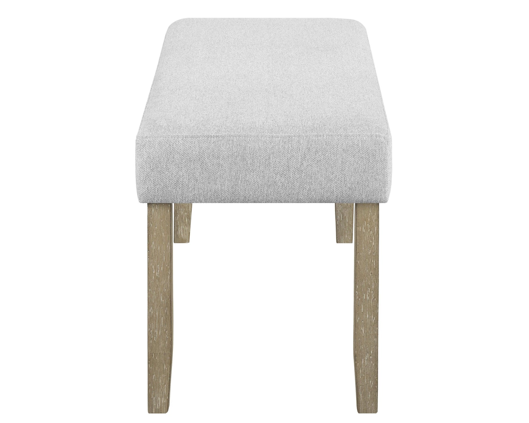 Top angle showcasing beige gray fabric upholstered dining table and chairs