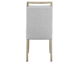 Front view of dining bench in beige gray fabric upholstery