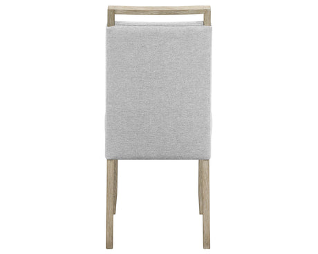 Front view of dining bench in beige gray fabric upholstery
