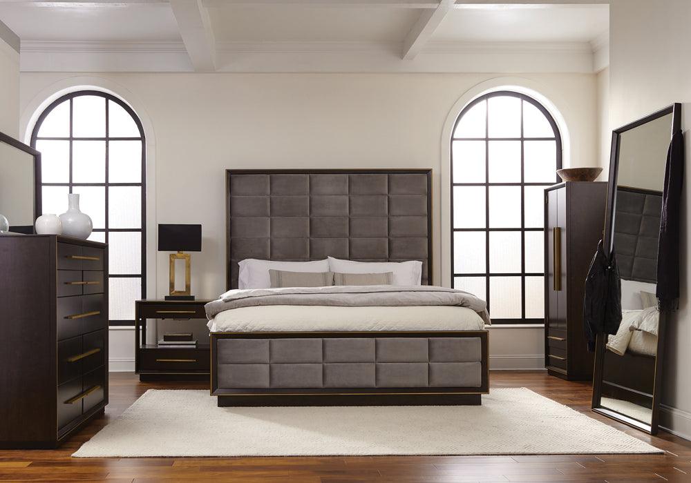 main view of Durango Smoked Peppercorn And Grey Upholstered Bedroom Set bed