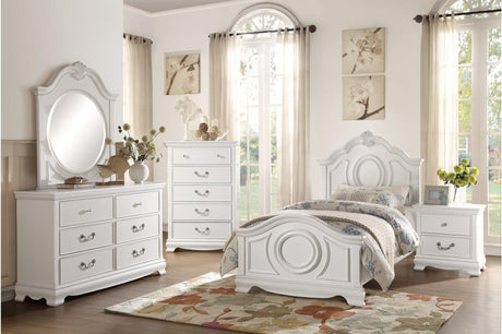 Lucida White Youth Bedroom Set front view with bed and dresser
