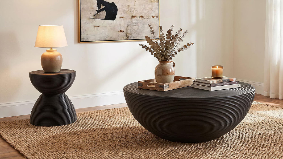 Macedo 2-Piece Transitional Round Rattan Coffee and End Table Set Black — product view