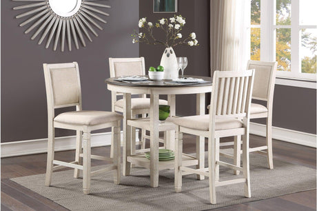 front view of Asher antique white round counter height dining table with fabric chairs